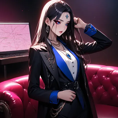   top quality、Ultra-precise depiction、 detailed map、  bright colors visible from the forehead、 beautiful girl 、 alone、40 years old、 Height、 accurate facial depiction、Dark Bar、 pink lighting、Sofa、 table、wine、coin、 tuxedo、 shirt、 tie、 bust up、 Skin radiance、...