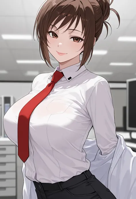  score _9,  score _8_ arriba,  score _7_ arriba BREAK 1girl, Alone, Akizuki Sarah    ,  brown hair,   hair summary  , hair bun,   brown eyes, Lips,   seductive smile :1.2,  big breasts、  white shirt、 red tie 、  black pants 、 Office space 、 office interiors...