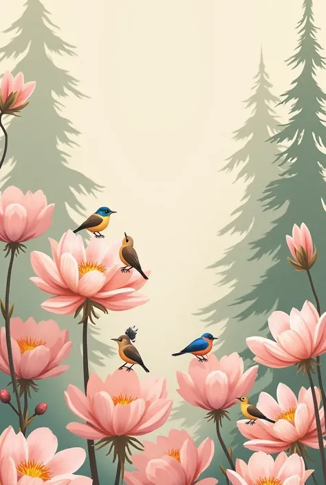 Beautiful pale pink flowers painted with birds sitting on them and trees standing in the back, all surrounded by a light brown background