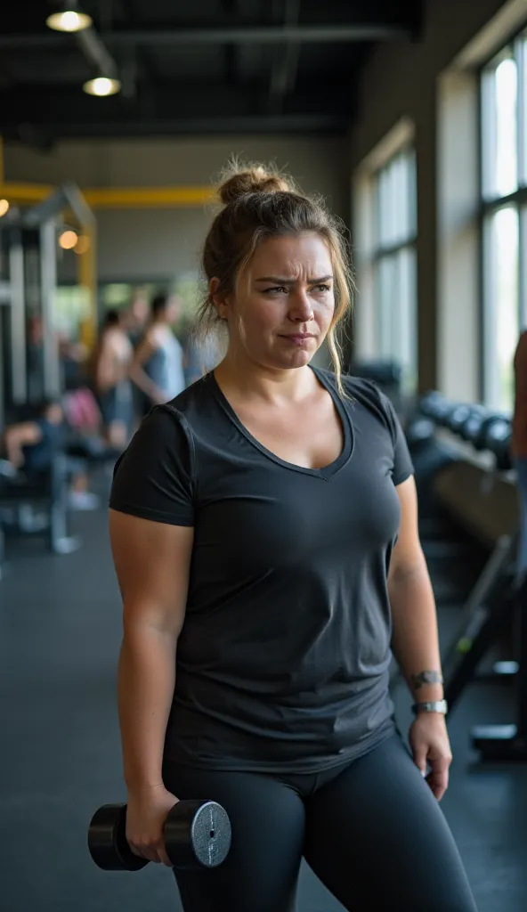  A woman is at the gym ,  visibly upset and discouraged .  She wears a set of training clothes ,  consisting of a short sleeve t-shirt and leggings .  She is in a corner of the gym ,  near a weight bench ,  with a frustrated expression on her face .  Her s...