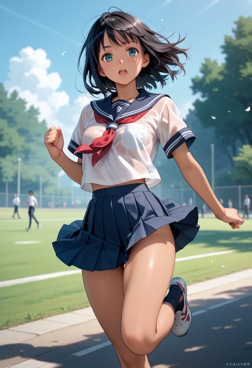 masterpiece, best quality, delicate illustration,ultra detailed skin, (yuuki mikan), Black Hair, 
(1girl:1.2), (tan:1.0), See-through (summer school uniform:1.1), (micro:1.2) (skirt), (Having fun running:0.8), (ass:0.6), (midsummer), no bra, (no panties:1....