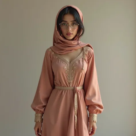 Sexy Busty tight clothes beautiful College going Paki Teen Muslim in Traditional Pakistani hijabi  dress, wearing glasses specs on her eyes 