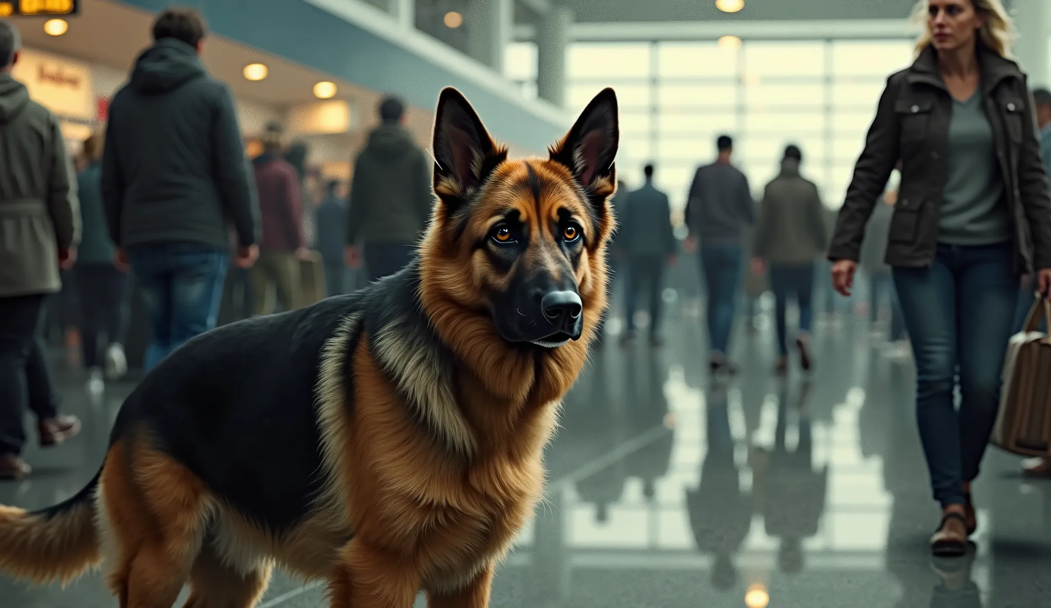 hiper realistic image of " sad German Shepherd Left Behind at Airport Alone by his human friend  and many people at airpot busy their routeen"