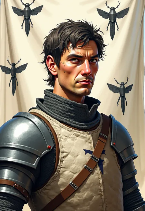 A realistic medieval fantasy portrait of a knight. He is lean, dark-haired and hard-eyed. He has a ravaged face that is marred by pockmarks and old scars. He is 40 years. He wears a quilted doublet of dark grey and white colored wool and some plate armor. ...