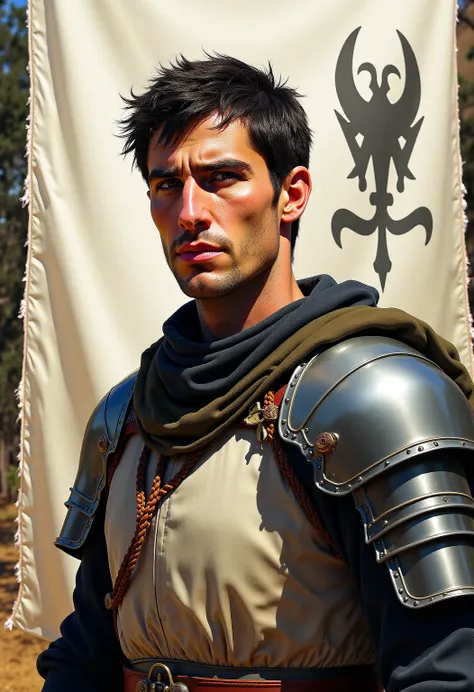 A realistic medieval fantasy portrait of a knight. He is lean, dark-haired and hard-eyed. He has a ravaged face that is marred by pockmarks and old scars. He is 40 years. He wears a quilted doublet of dark grey and white colored wool and some plate armor. ...