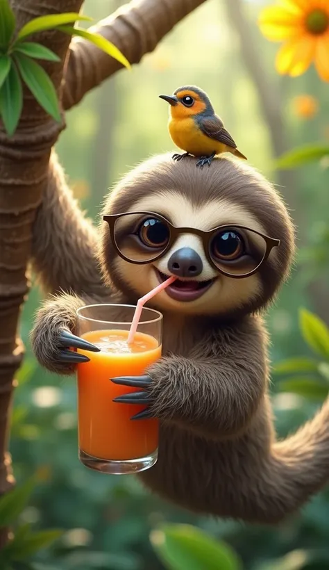 A funny and adorable sloth with a big, goofy smile and expressive eyes. The sloth is hanging upside down from a tree branch, wearing tiny sunglasses and sipping a fruit smoothie through a straw. Its fur is soft and fluffy, slightly ruffled by the breeze. A...