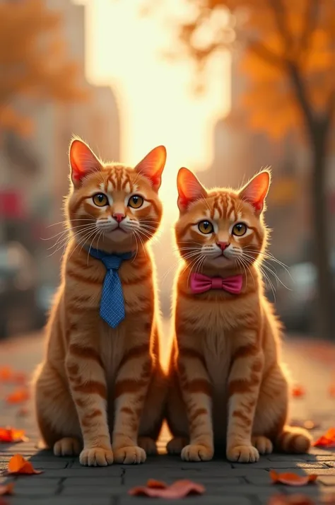 A cinematic and realistic image of a couple of orange adult cats with refined fractures, the male with a blue tie and the female with a pink bow in a city bathed in the warm colors of autumn. Volumetric lighting, cinematic composition