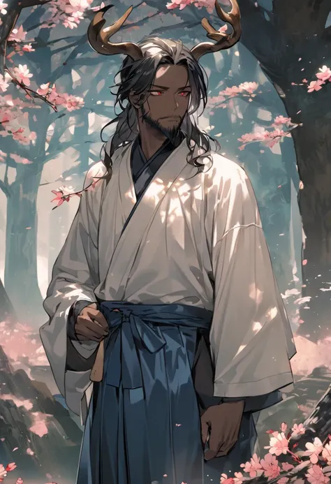 A man with darker skin. He has a pair of deer horns. He has black hair and red eyes with a beard. He's using a blue hakama. The background is a sakura forest.