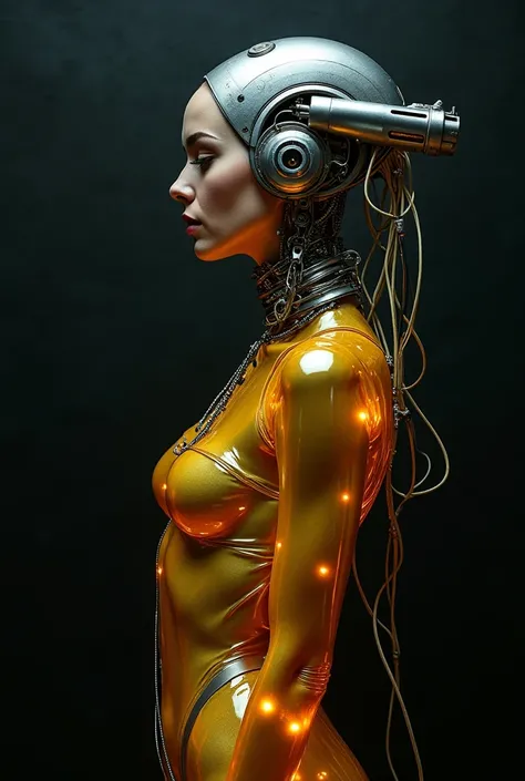 profile Photography, in front of a black wall, a cyborg woman head without body, connected by cables and wires and LED, an attractive transparent gold plexiglass body punk PLC Robots with silver motor head, with ray guns, 80 degree view, 