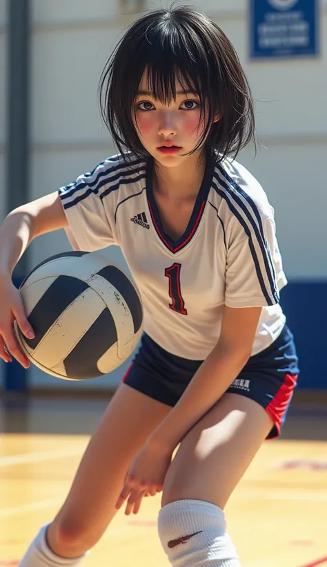 Volleyball Girl、woman、１７age、 black hair bob cut 、 volleyball、 volleyball uniform with 1 、The background is a gymnasium wearing a 、