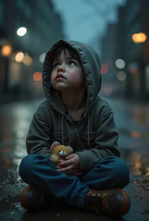 "A young  sitting alone on a rainy street, looking up with teary eyes, wearing a worn-out hoodie. Raindrops trickle down their face, blending with their tears, as they hold a small stuffed toy tightly. The background is blurred with dim streetlights, creat...