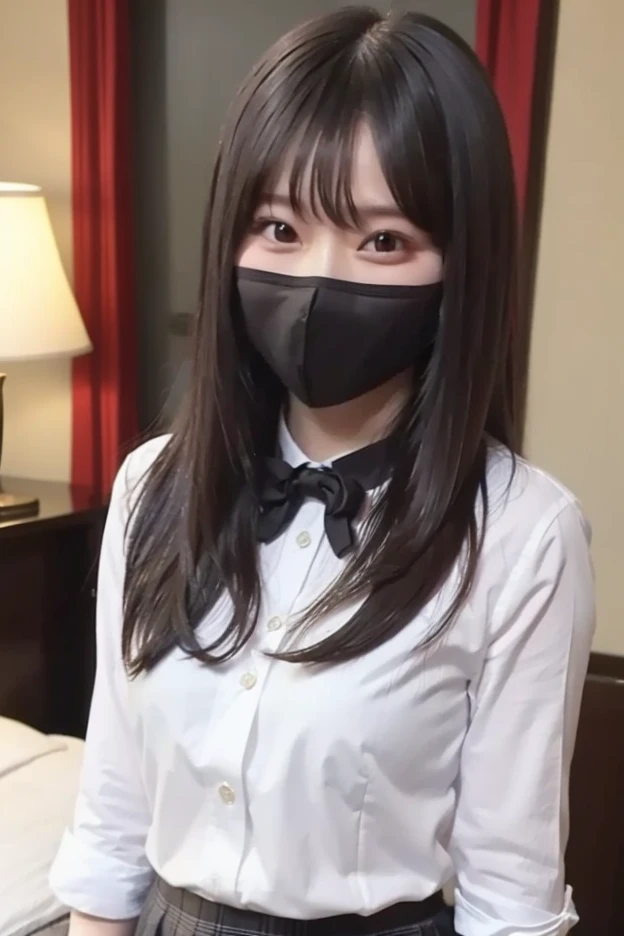  gravure idol pose 　 hotel　 bed　uniform　 white shirt　 high definition　Not too small bust　 black mini skirt 　Shorten your skirt 　 added　Beautiful Hair　Height: 152cm　smile　 is wearing a mask
