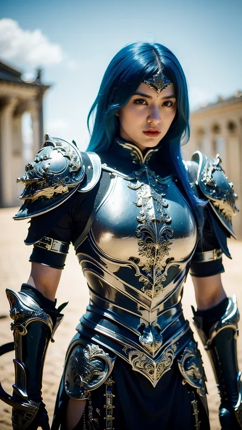 ((best quality)), ((masterpiece)), (detailed), perfect face, ((Best quality, 8k, Masterpiece: 1.3)), Knight in armour, white breastplate, carved shoulder pads, Metal shin guards, Sword in its sheath, Blue hair blowing in the wind, White gloves