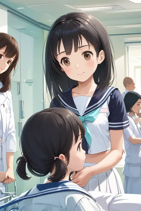  top quality,   super high resolution、 infirmary、 Japanese、(( cute middle school girl))、 black hair、 brown eyes、(( small tits))、 white tank top bra and sailor suit skirt、Health checkup scene 