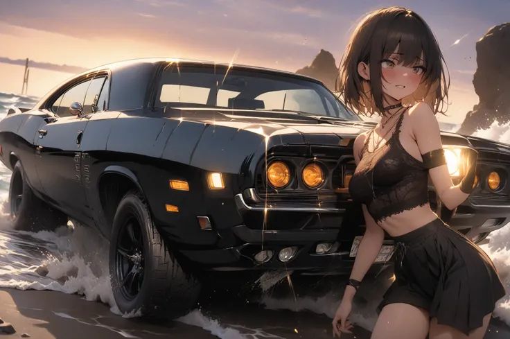 (masterpiece, detailed:1.2), One Girl, (18-years old), brown long Bob Cut, Medium Breasts, BREAK, Highest quality, west coast, BREAK, standing next to matte black '69 Dodge super Charger, 