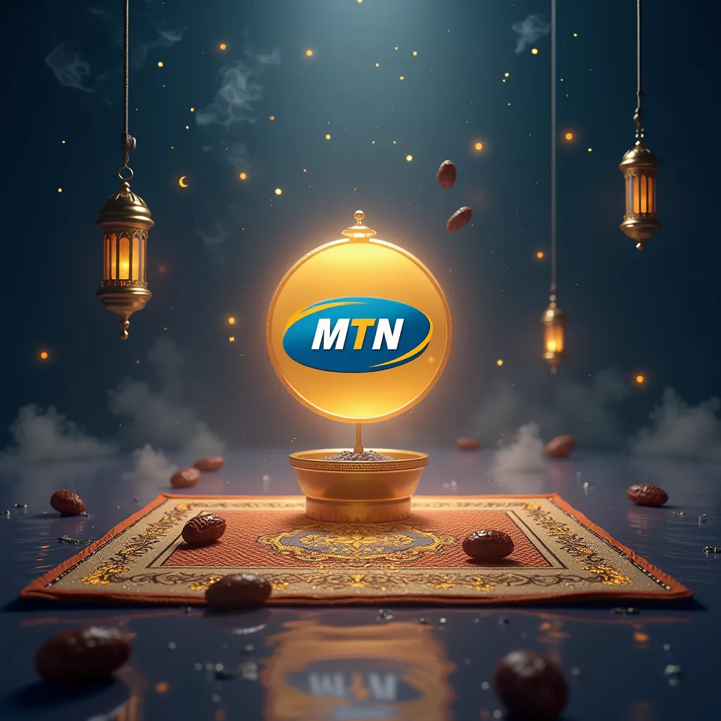 A serene, spiritually uplifting digital artwork embodying the essence of Ramadan, harmonizing tradition and modernity. The MTN logo is polished, and soft-glowing, radiating a gentle luminescence in calming MTN blue and warm golden amber. The logo floats at...