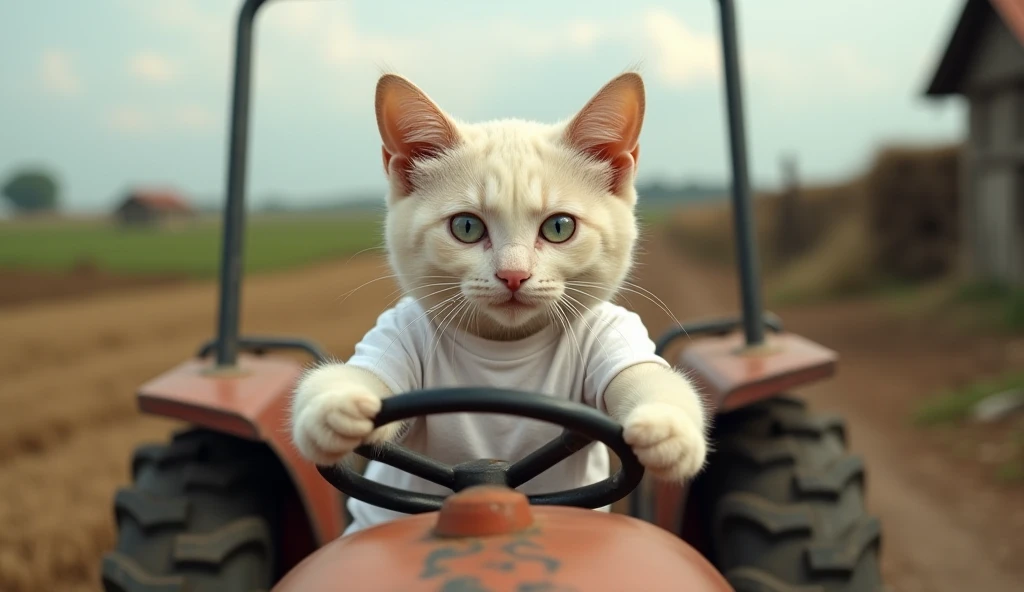 A small, dirty white body cat wearing a white t-shirt, driving a tractor in a village. The cat is the focal point, with a blurred background of a rural village setting, featuring fields and rustic structures.