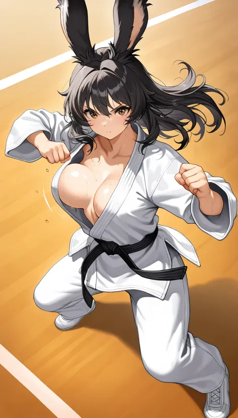 ((((   masterpiece)))), ((((   top quality)))),    high res,fine grain,   detailed face,     very detailed facial depiction,    fine eyes  、 detailed face、  detailed hair   、  Sparkling Skin  、sweat、viera, Karate , sexy Karate unform ,  ,  、  action,   bou...