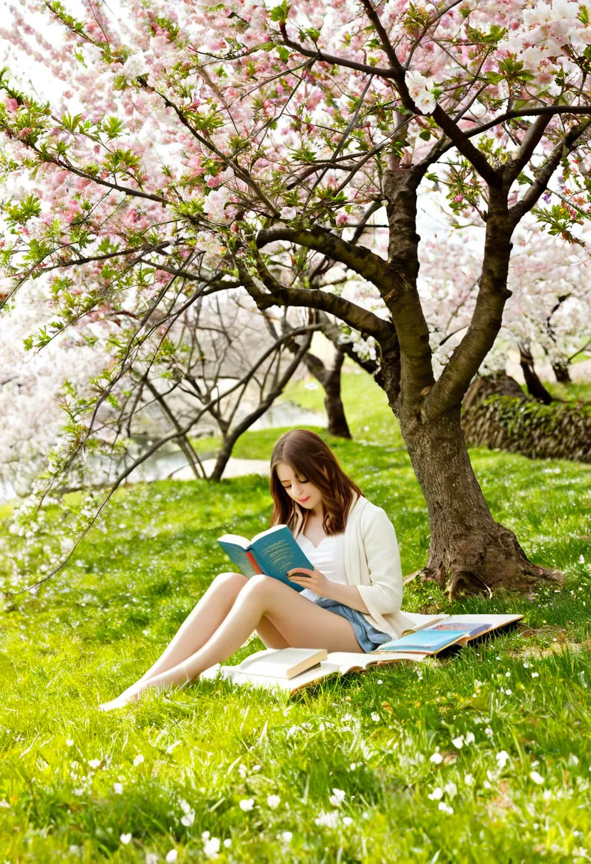 A serene and peaceful scene of a girl reading a book under a blossoming cherry tree during springtime,