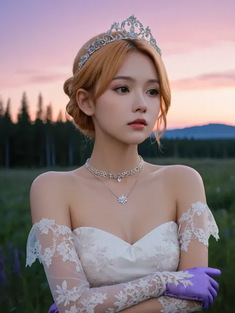 A young woman with light peach-toned skin and short, light orange hair sits outdoors at dusk. She wears a small tiara, a delicate silver necklace, and long white lace gloves.  Her expression is pensive, and her arms are crossed in front of her. She is most...