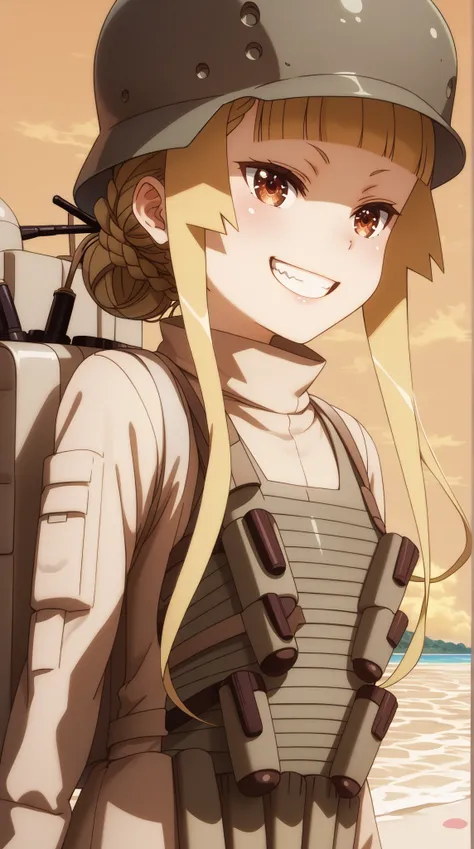 (UHD, retina, masterpiece, accurate, anatomically correct, super detail, high details,  highres, 1080P, 16k、high detail RAW color art:1.3)、 (fukaziroh :1.3), blonde hair, brown eyes, braid, hair bun, single hair bun, helmet、(very flat chest:1.5)、(Shiny ski...