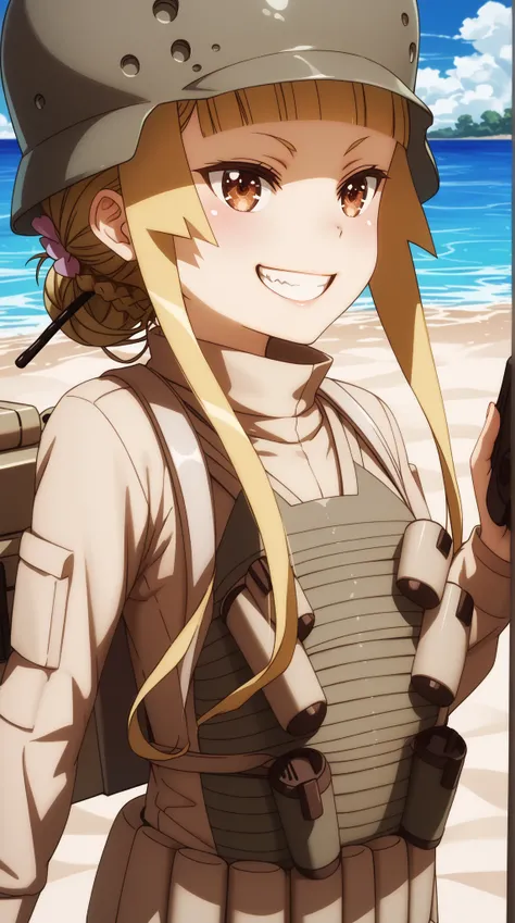 (UHD, retina, masterpiece, accurate, anatomically correct, super detail, high details,  highres, 1080P, 16k、high detail RAW color art:1.3)、 (fukaziroh :1.3), blonde hair, brown eyes, braid, hair bun, single hair bun, helmet、(very flat chest:1.5)、(Shiny ski...