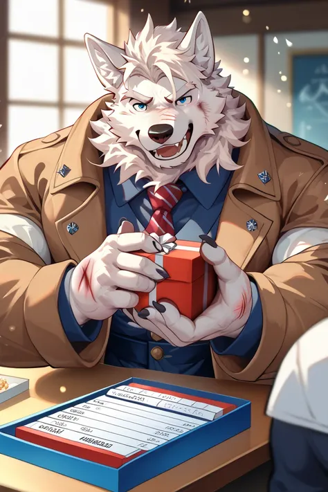 The white wolf figure is a man with a strong physique, fat, upper body wearing a brown trench coat and a pair of blue pants, hands out a packed gift box with one hand, scratches his head with the other hand and sits in front of the table and smiles on his ...