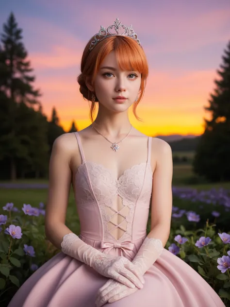 A young woman with light peach-toned skin and short, light orange hair sits outdoors at dusk. She wears a small tiara, a delicate silver necklace, and long white lace gloves.  Her expression is pensive, and her arms are crossed in front of her. She is most...