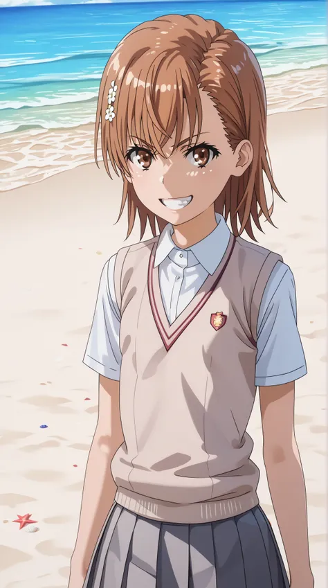 (UHD, retina, masterpiece, accurate, anatomically correct, super detail, high details,  highres, 1080P, 16k、high detail RAW color art:1.3)、 (misaka mikoto:1.3)、 short hair, brown hair、(very flat chest:1.5)、(Shiny skin:1.3)、(Toothy grin:1.3)、(skirt, shirt, ...