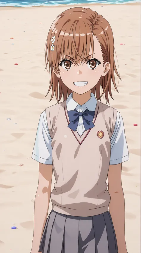 (UHD, retina, masterpiece, accurate, anatomically correct, super detail, high details,  highres, 1080P, 16k、high detail RAW color art:1.3)、 (misaka mikoto:1.3)、 short hair, brown hair、(very flat chest:1.5)、(Shiny skin:1.3)、(Toothy grin:1.3)、(skirt, shirt, ...