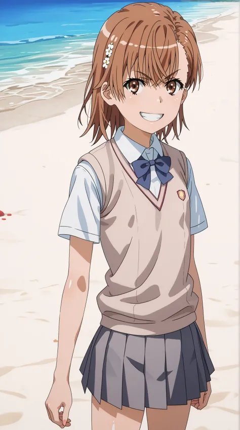 (UHD, retina, masterpiece, accurate, anatomically correct, super detail, high details,  highres, 1080P, 16k、high detail RAW color art:1.3)、 (misaka mikoto:1.3)、 short hair, brown hair、(very flat chest:1.5)、(Shiny skin:1.3)、(Toothy grin:1.3)、(skirt, shirt, ...