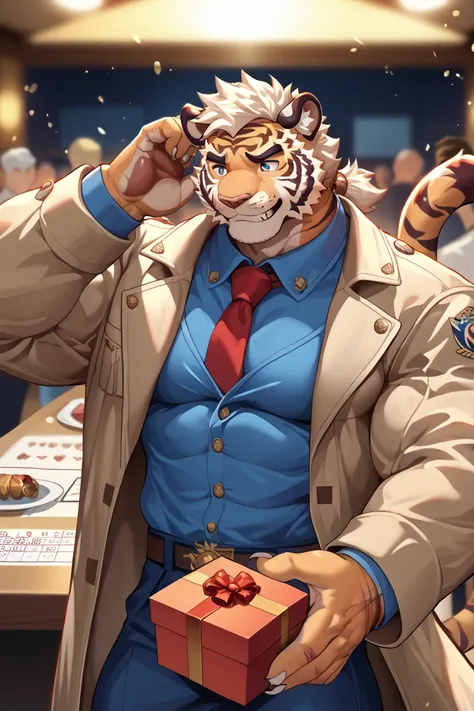 The black tiger figure is a man with a strong physique, fat, upper body, wears a brown trench coat, wears a pair of blue pants, hands out a packed gift box with one hand, scratches his head with the other hand and sits in front of the table, smiles on his ...