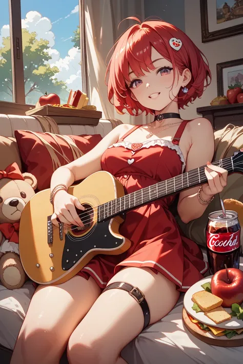  genderless、 short hair、 red dress(apple motif)、ROCK、guitar、Cola、Hamburgers and potatoes、 stuffed bear、Secret Base