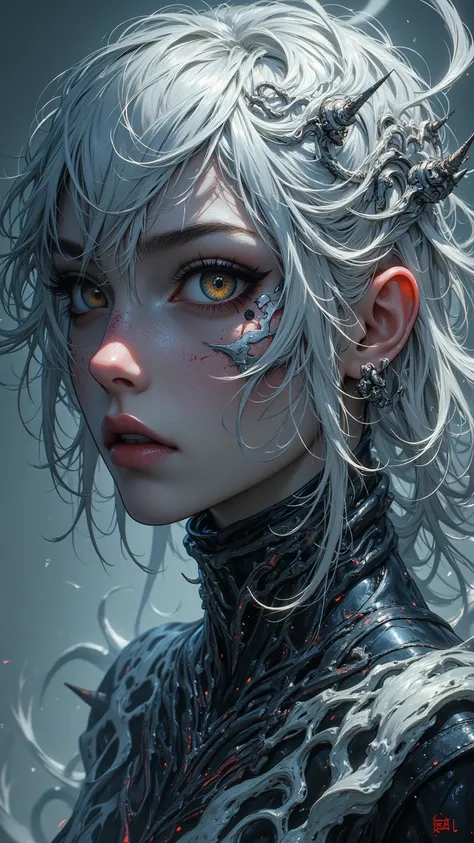  girl， forms an otherworldly figure from different dimensions， fuses human and hellish elements 。  Shiny silver hair cascading around her face ，An invisible swirl wrapped around ， while a sharp corner highlights her demonic bloodline 。