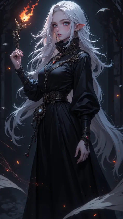  in mysterious and detailed scenes ， The central female character is characterized by pale skin 、 flowing long hair and a sophisticated gothic-style black dress。 sees her holding a wand with a glowing flame at the top ，Explore a dark fantasy animated setti...