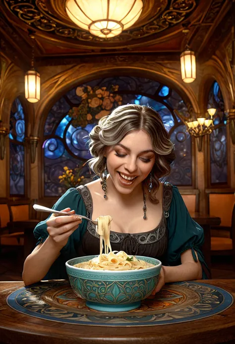 woman happily eating bowl of fettucini, stephen bliss, unreal engine, fantasy art, alphonse mucha, global illumination, detailed and intricate environment