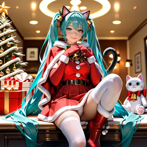 Masterpiece, (highest quality, create a high resolution,4K, 8k),(realistic,  photorealistic: 1.5),  Hatsune Miku,  I'm wearing a Christmas suit and cape ,  plush gloves with white cat hands on hands ,  cat hand stuffed toy gloves cat palm facing camera,  w...