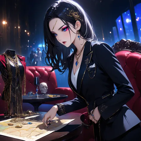   top quality、Ultra-precise depiction、 detailed map、  bright colors visible from the forehead、 beautiful girl 、 alone、40 years old、 Height、 accurate facial depiction、Dark Bar、Blue lighting、Sofa、 table、wine、coin、 tuxedo、 shirt、 tie、 bust up、 Skin radiance、 ...