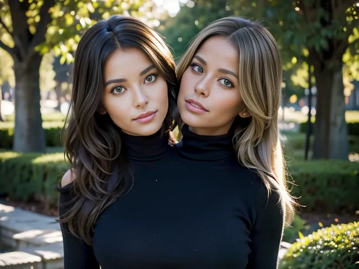 best resolution, half-body shot, ((2heads)), brunette African woman next to blonde german woman, medium layered hair, public garden, wearing turtleneck, kissing 