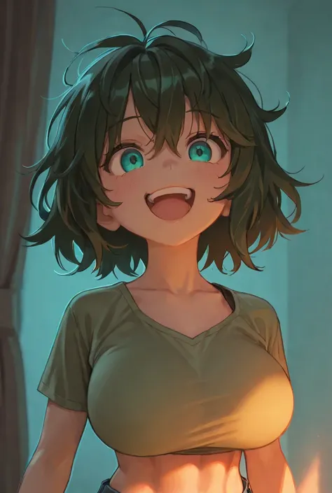  masterpiece,  top quality, 1 female,  alone, 23 years old, adult,  black head,  messy hair, Asymmetric hair , shot, Aqua Eyes ,  big boobs,  toned, 167cm,  pale skin , laugh, Olive green shirt,  jeans, Waist exposure,