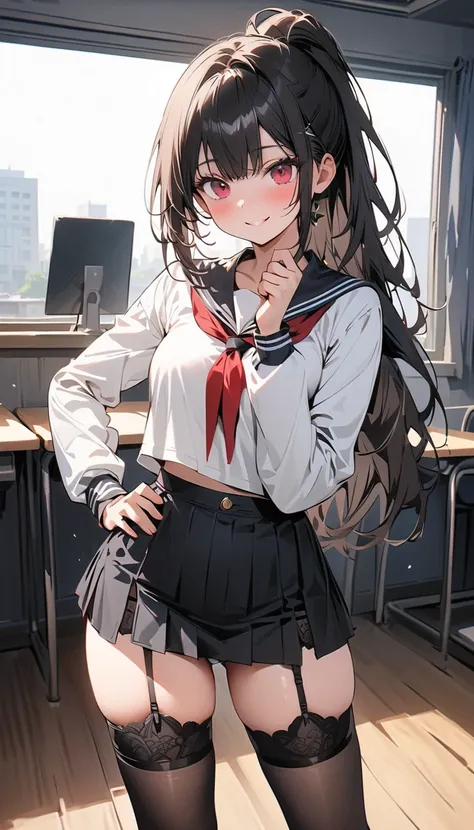 ( beautiful girl : 1.3), 1 girl,( black sailor suit on the background, Long Sleeve, miniskirt, garter belt, pure white underwear, pubic hair), black hair, ponytail,smile, is embarrassing,blush, place your hands on your hips,classroom,masterpiece, top quali...