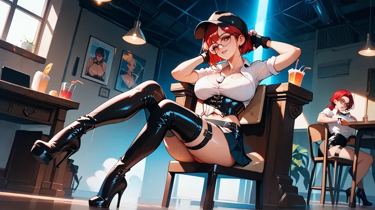  Sexy Fio Germi, UHD, with glasses, con dog tags, black leather cap,  Redhaired ,  big breasts, pose sexy, thigh strap,  sitting on a chair,  arms crossed , sweating, full body, wearing a leather corset,  white low-cut shirt ,  schoolgirl miniskirt ,  fing...