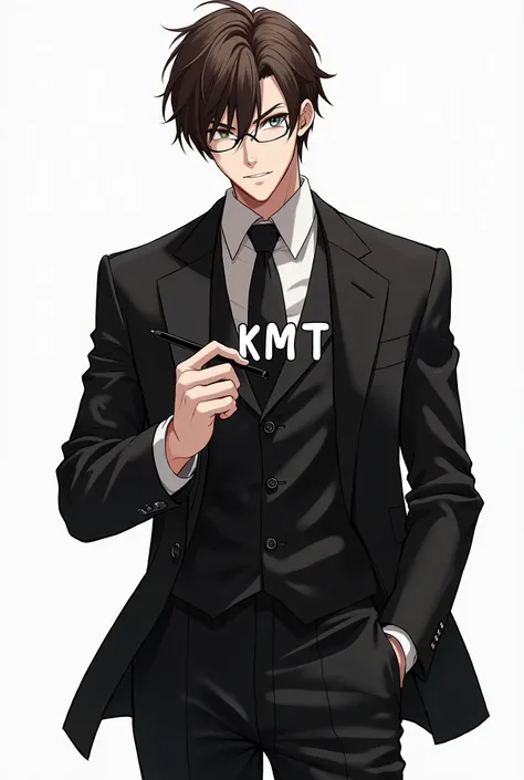 Cool handsome male anime cartoon character with medium brown hair, wearing black suit, writing KMT in the middle 