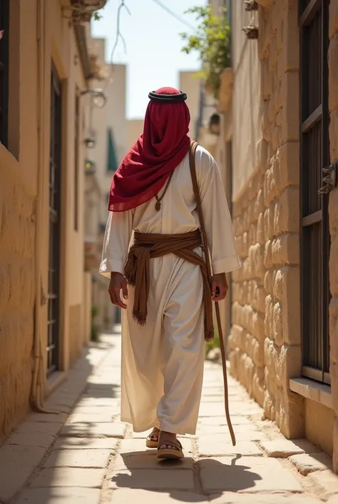  Here is a description of the image you want with suggested artistic details. :

**Scene :**  
, a Bedouin wearing a long traditional white dress with a ghutra  (Keffiyeh) Red and tied with a black headband, he takes confident steps through a narrow corrid...