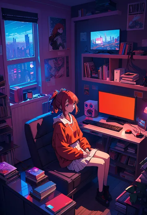   there's a girl sitting on her bed in her room playing video games, Large TV, Teen Room with books, Cyberpunk,    , At night, darkroom,  lo-fi illustration style, Gamer Room,  Studying in her room , Cyril rolled around.W Karuta, Teen Room.  