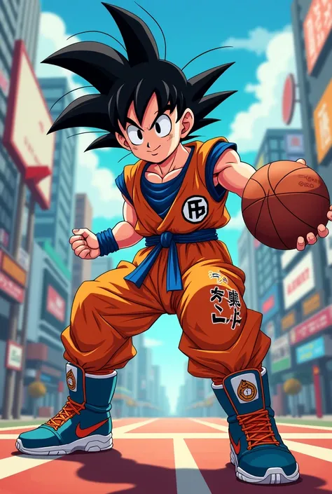 Goku urban cartoon with basketball jersey and basketball boots 