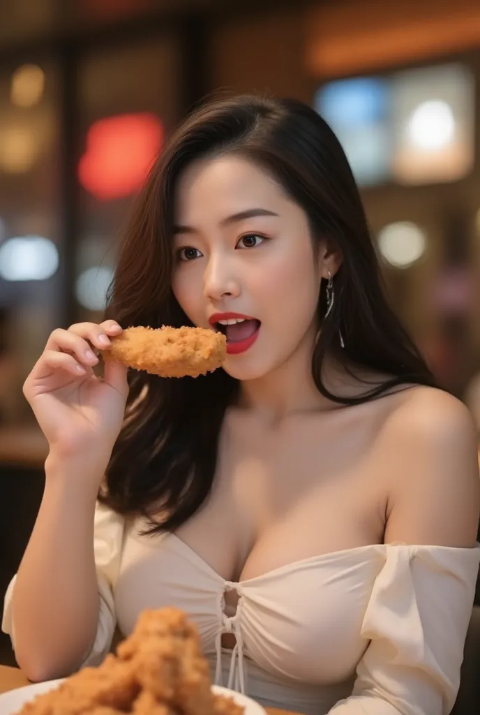 Magazine cover, Gently wrap around a girl eating fried chicken。 picture with spicy expression 。 Hot meal scene 。 Delightful scenery。

