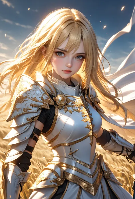 Close-up of a young female paladin with a sword in a vast open field,  
2.5D CGI anime fantasy artwork, epic fantasy digital art style,  
high-quality 4K fantasy illustration,  
spectacular, exquisite character art,  
epic fantasy card game art,  
18-year-...