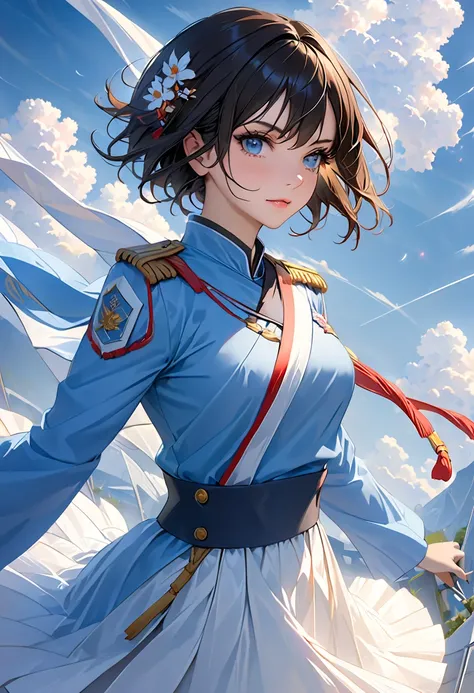 ( highest resolution,  clear_ images),  top quality,  masterpiece,  High precision,  semi-realistic,   shoulder-length dark-haired woman, black pupils,  matured,  matured woman, Royal sister,  sexy,  short hair, Triple Bang, Light blue uniform, Light blue ...