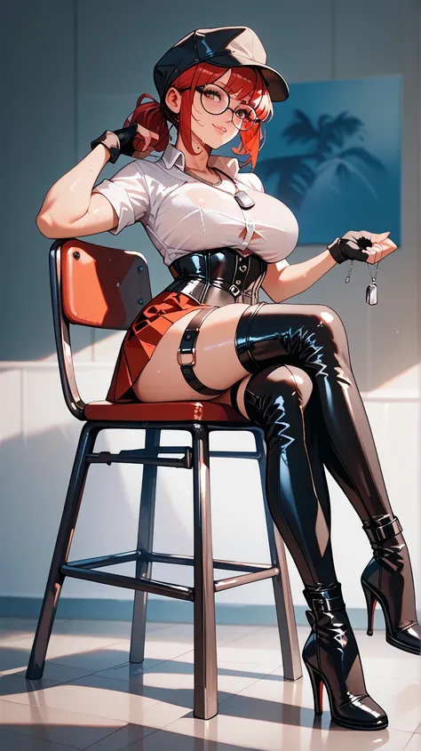  Sexy Fio Germi, UHD, with glasses, con dog tags, black leather cap,  Redhaired ,  big breasts, pose sexy, thigh strap,  sitting on a chair,  arms crossed , sweating, full body, wearing a leather corset,  white low-cut shirt ,  schoolgirl miniskirt,  finge...